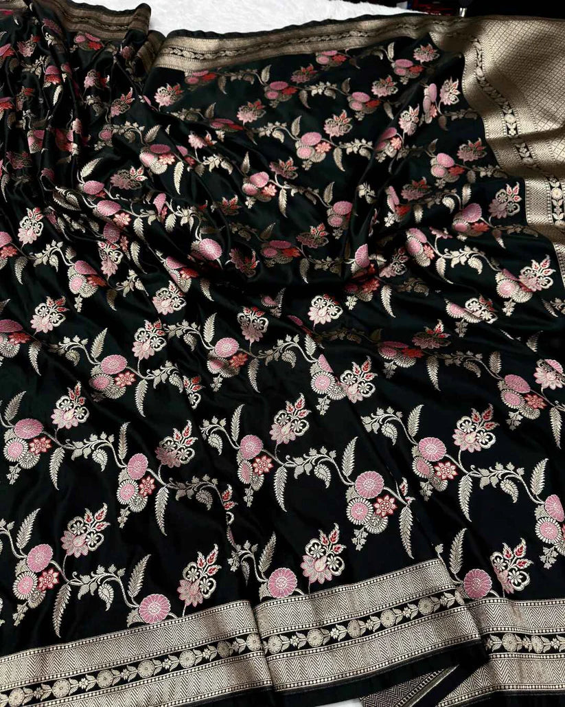 Damayanti – Black Mashru Katan Silk Saree with Floral Zari Weave and Golden Border