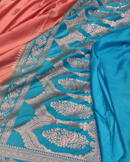 Devangana – Pink and Blue Dual-Tone Banarasi Mashru Katan Silk Saree with Silver Zari Weaving