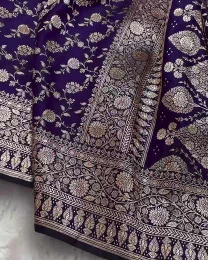 Dipa - Navy Blue Mashru Silk Saree with Golden Zari Floral Weaving