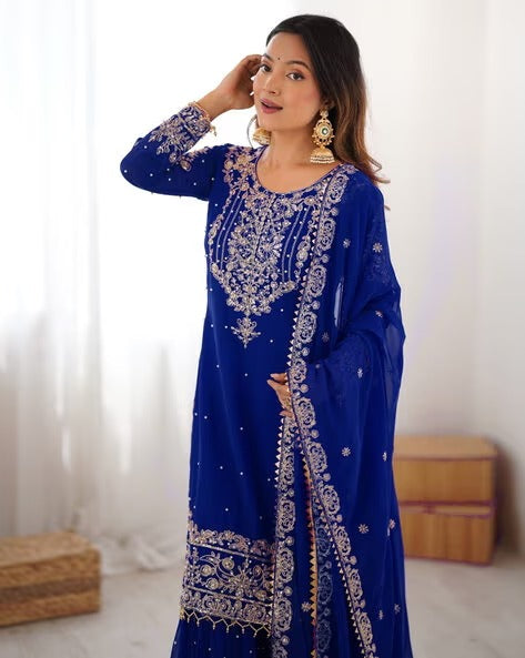 Designer Heavy Embroidered Kurta Sharara Suit Set with Dupatta | 10 Color Options