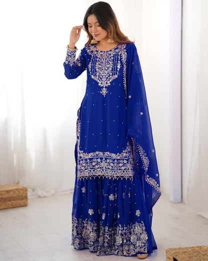 Designer Heavy Embroidered Kurta Sharara Suit Set with Dupatta | 10 Color Options