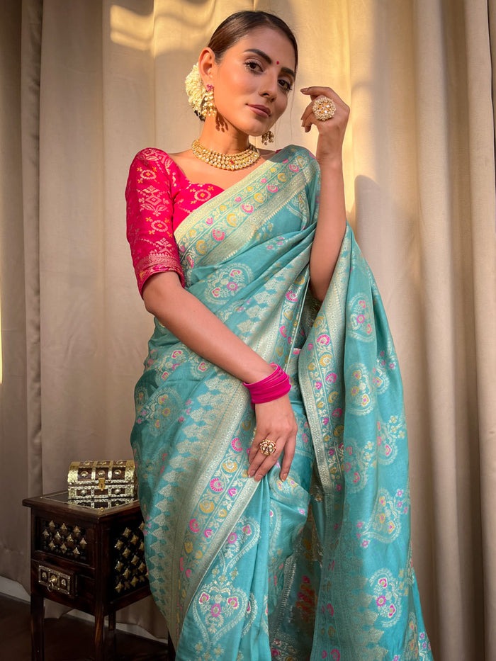 Sky Blue Banarasi Soft Silk Saree