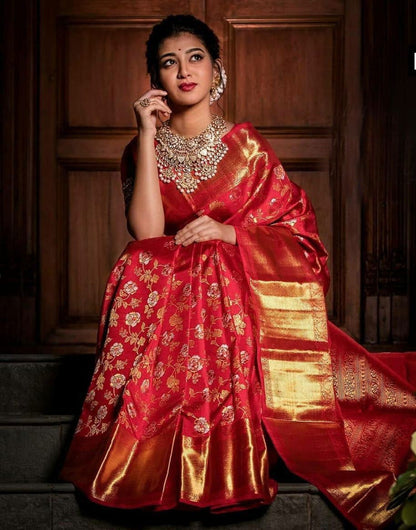 Cantaloupe Red Banarasi Silk Saree