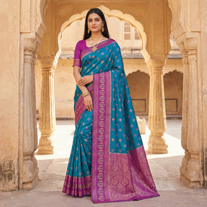 Teal Blue & Royal Purple Woven Silk Saree with Peacock Zari Border and Rich Brocade Pallu
