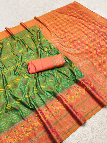 Parrot Green Luxury Silk Saree with Peach Orange Banarasi Border & Multicolour Geometric Weave