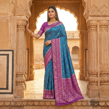 Teal Blue Luxury Silk Saree with Royal Purple Banarasi Border & Multicolour Geometric Weave