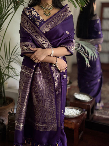 Rohini - Purple Banarasi Silk Saree with Silver Zari Border & Butta Weave