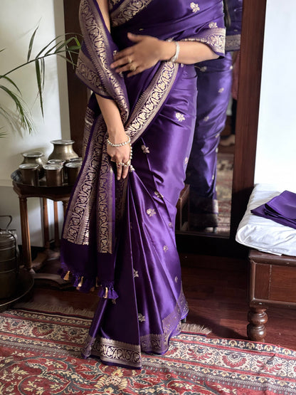 Rohini - Purple Banarasi Silk Saree with Silver Zari Border & Butta Weave