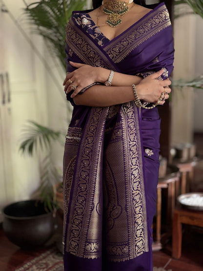 Rohini - Purple Banarasi Silk Saree with Silver Zari Border & Butta Weave