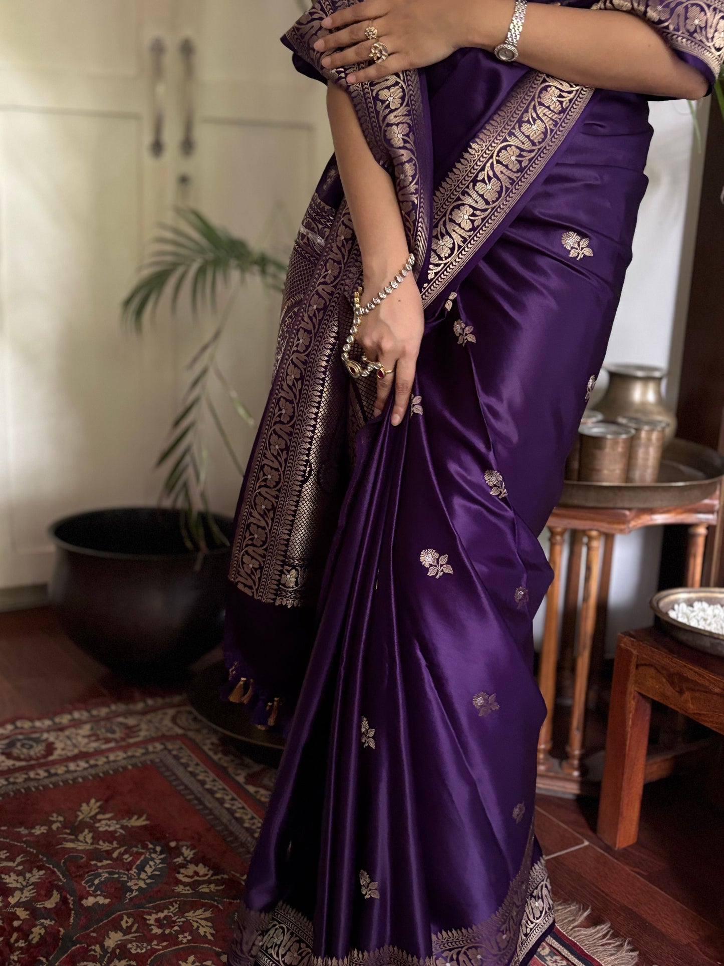 Rohini - Purple Banarasi Silk Saree with Silver Zari Border & Butta Weave