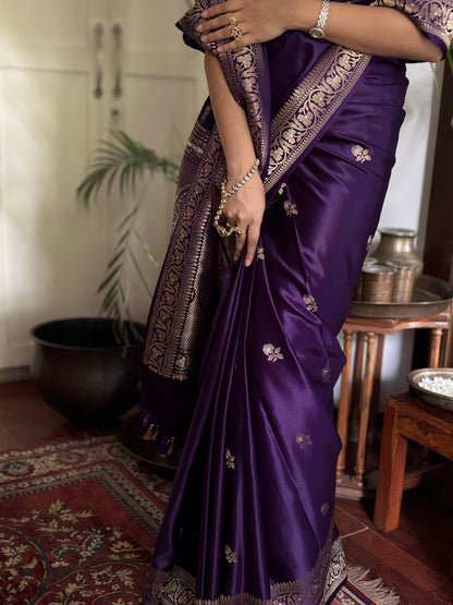 Rohini - Purple Banarasi Silk Saree with Silver Zari Border & Butta Weave