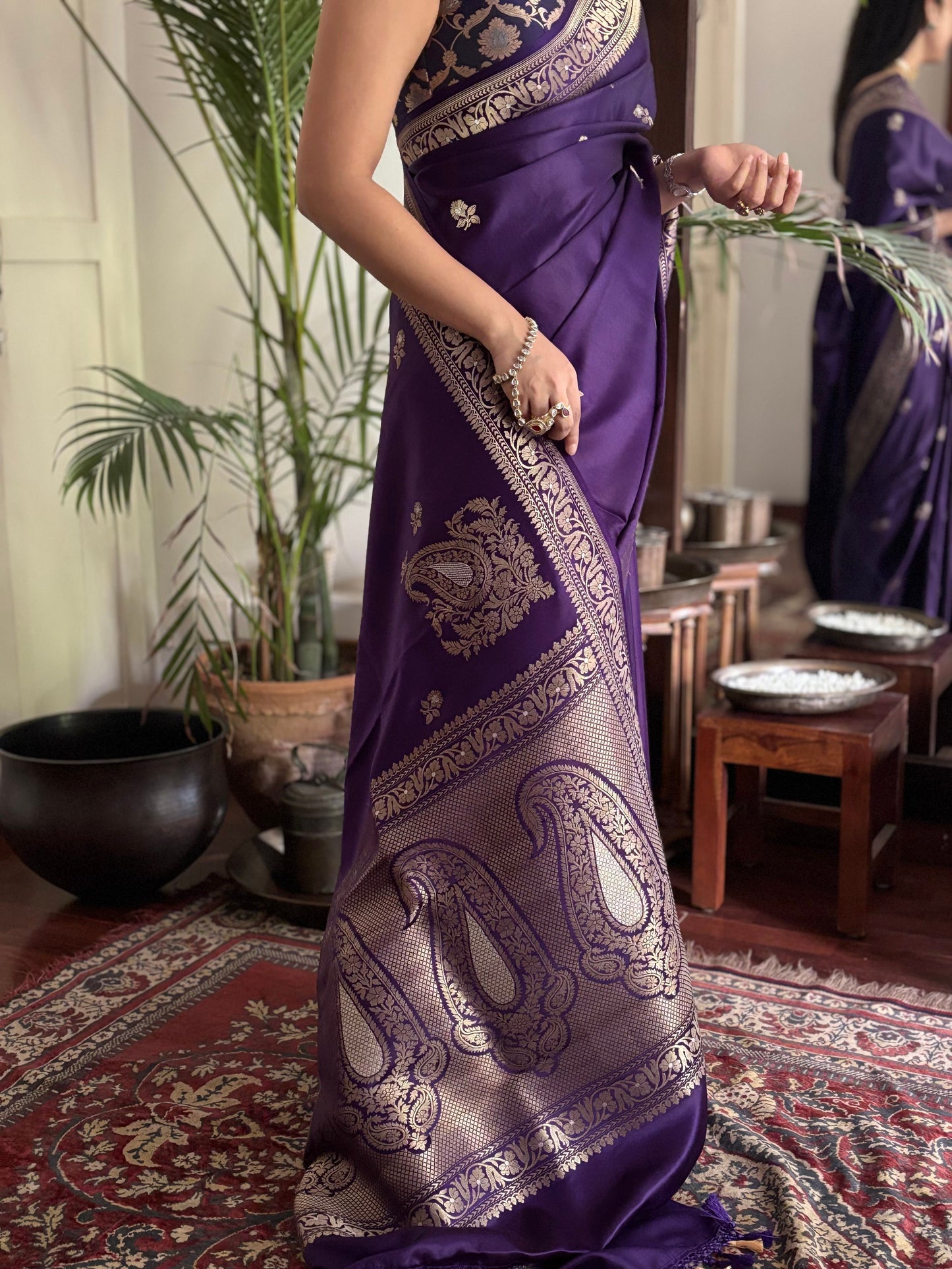 Rohini - Purple Banarasi Silk Saree with Silver Zari Border & Butta Weave