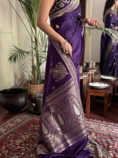 Rohini - Purple Banarasi Silk Saree with Silver Zari Border & Butta Weave