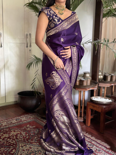 Rohini - Purple Banarasi Silk Saree with Silver Zari Border & Butta Weave