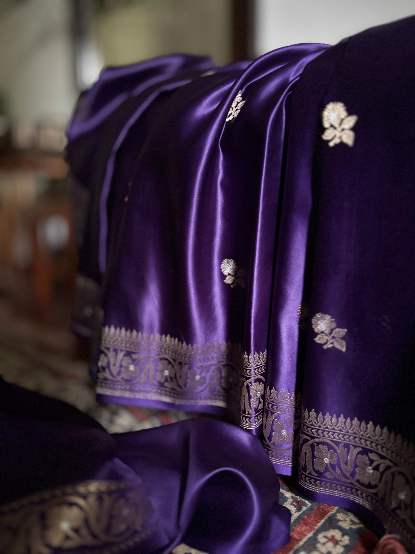 Rohini - Purple Banarasi Silk Saree with Silver Zari Border & Butta Weave