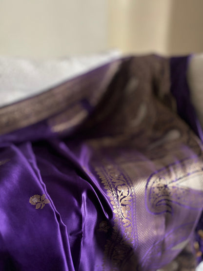 Rohini - Purple Banarasi Silk Saree with Silver Zari Border & Butta Weave