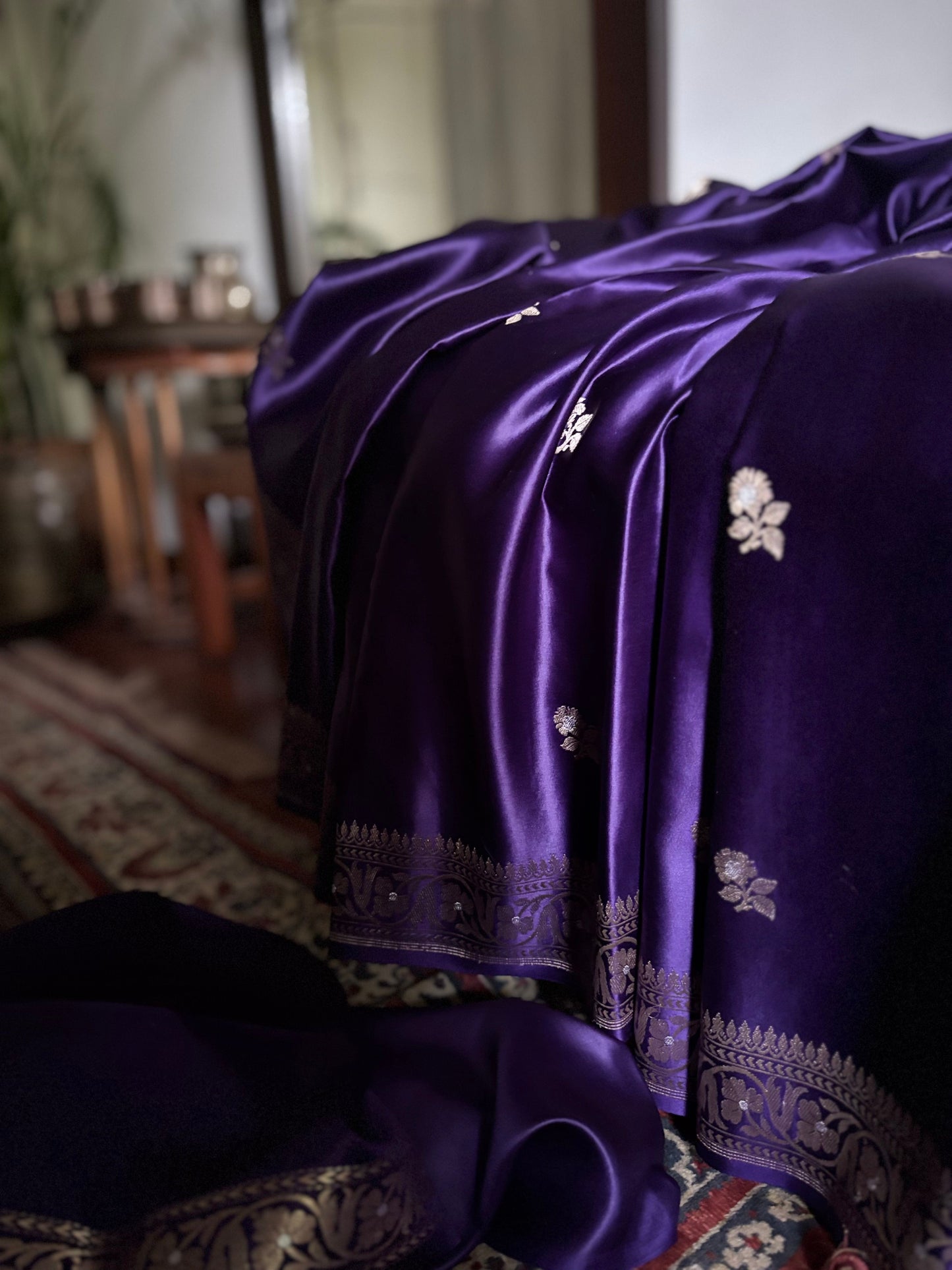 Rohini - Purple Banarasi Silk Saree with Silver Zari Border & Butta Weave