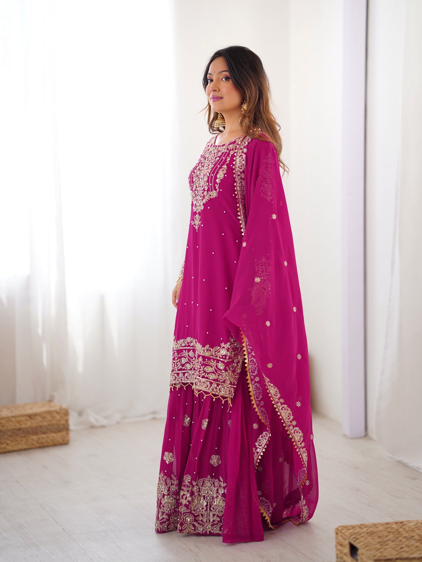 Designer Heavy Embroidered Kurta Sharara Suit Set with Dupatta | 10 Color Options
