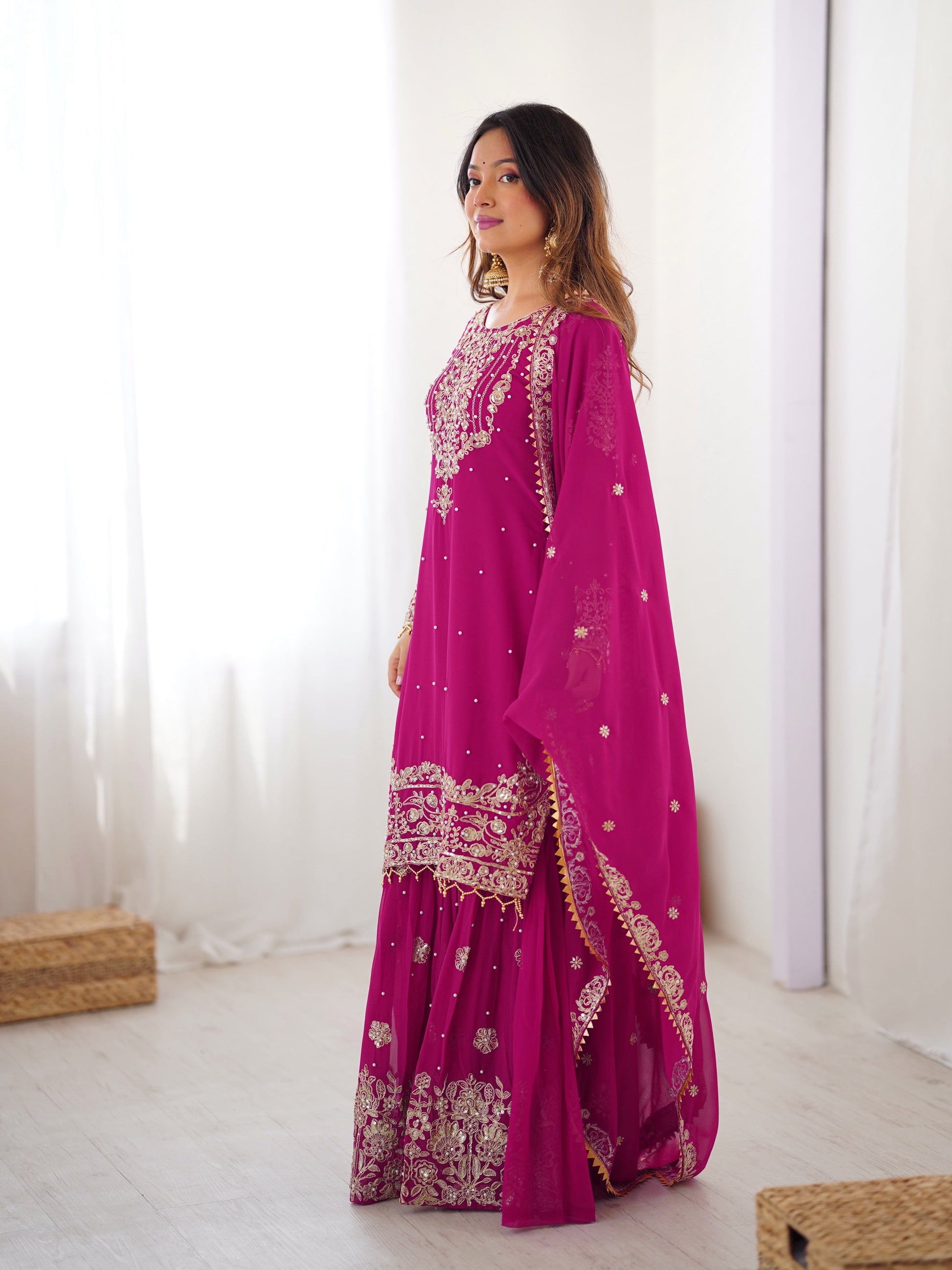 Designer Heavy Embroidered Kurta Sharara Suit Set with Dupatta | 10 Color Options