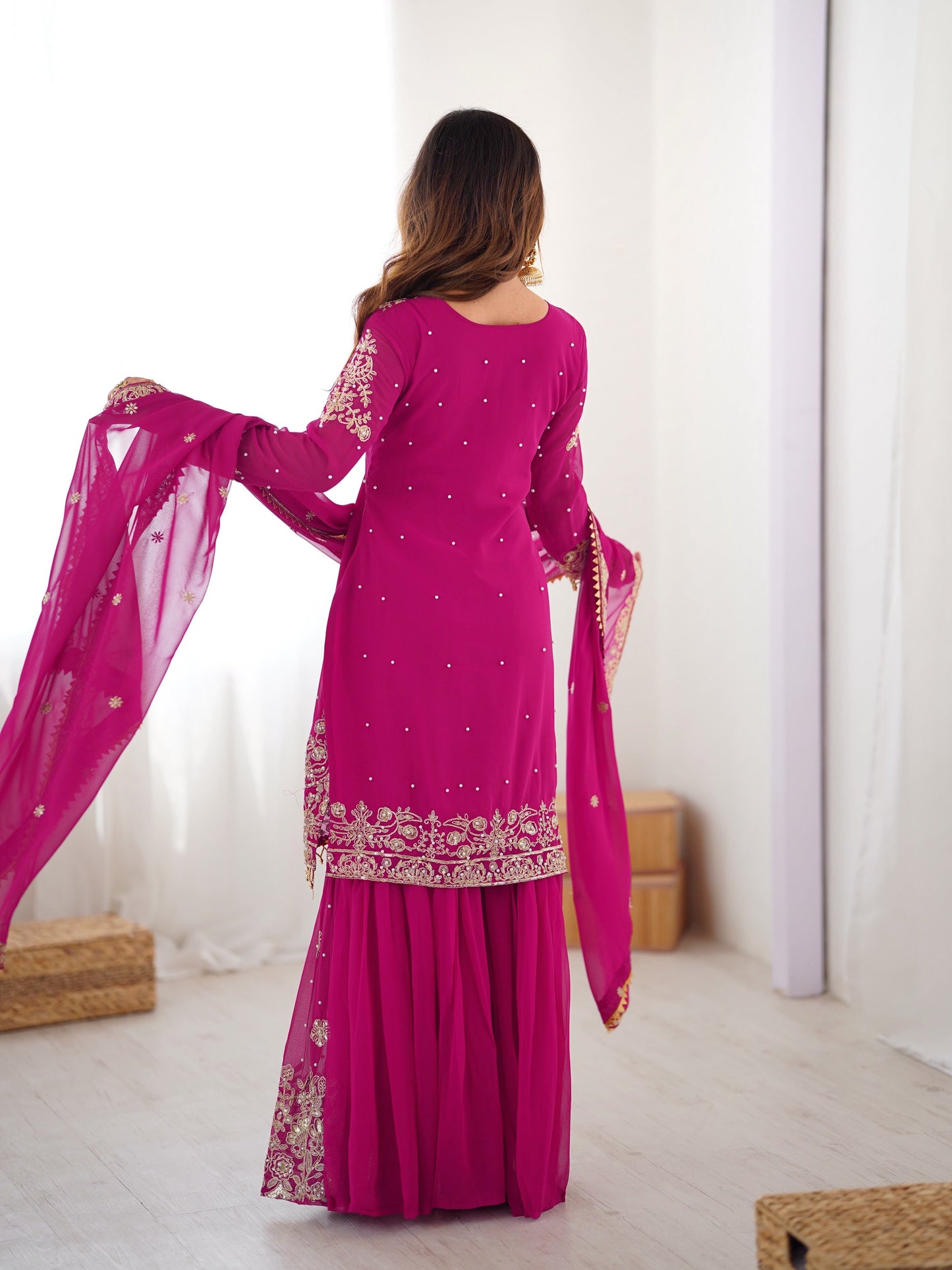Designer Heavy Embroidered Kurta Sharara Suit Set with Dupatta | 10 Color Options