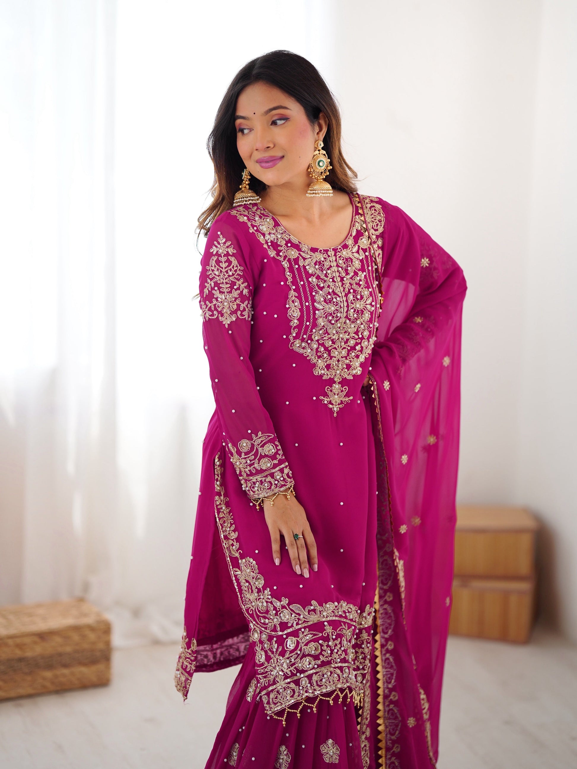 Designer Heavy Embroidered Kurta Sharara Suit Set with Dupatta | 10 Color Options