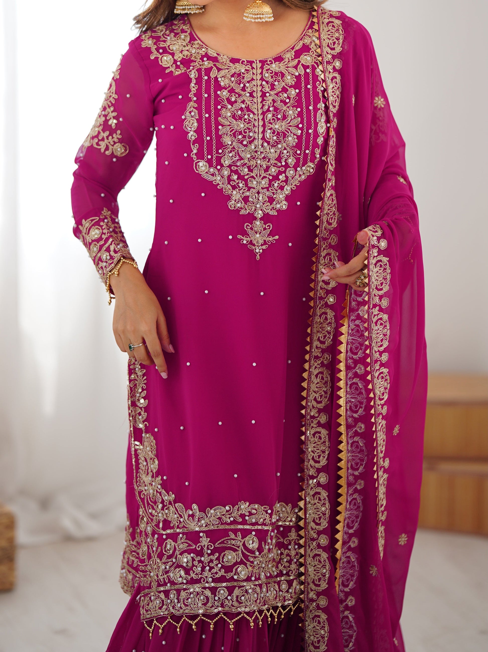 Designer Heavy Embroidered Kurta Sharara Suit Set with Dupatta | 10 Color Options