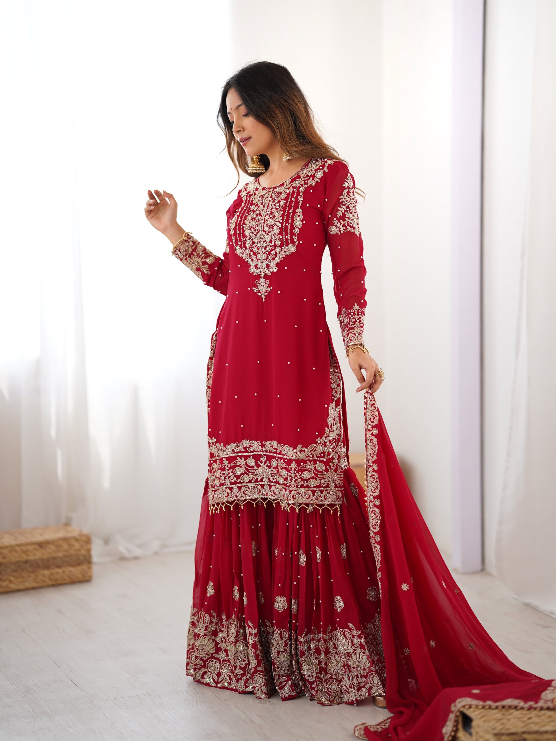 Designer Heavy Embroidered Kurta Sharara Suit Set with Dupatta | 10 Color Options