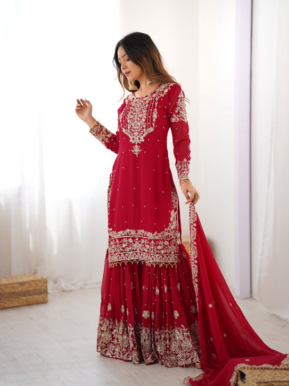 Designer Heavy Embroidered Kurta Sharara Suit Set with Dupatta | 10 Color Options