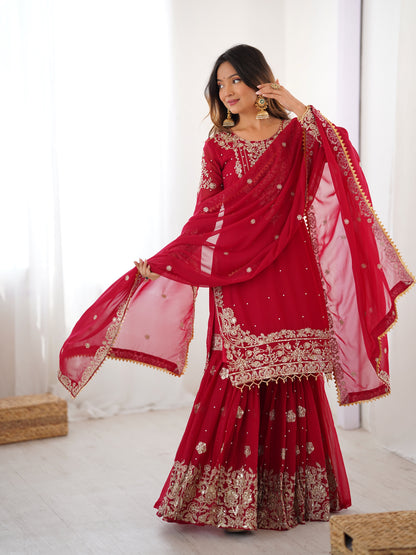 Designer Heavy Embroidered Kurta Sharara Suit Set with Dupatta | 10 Color Options
