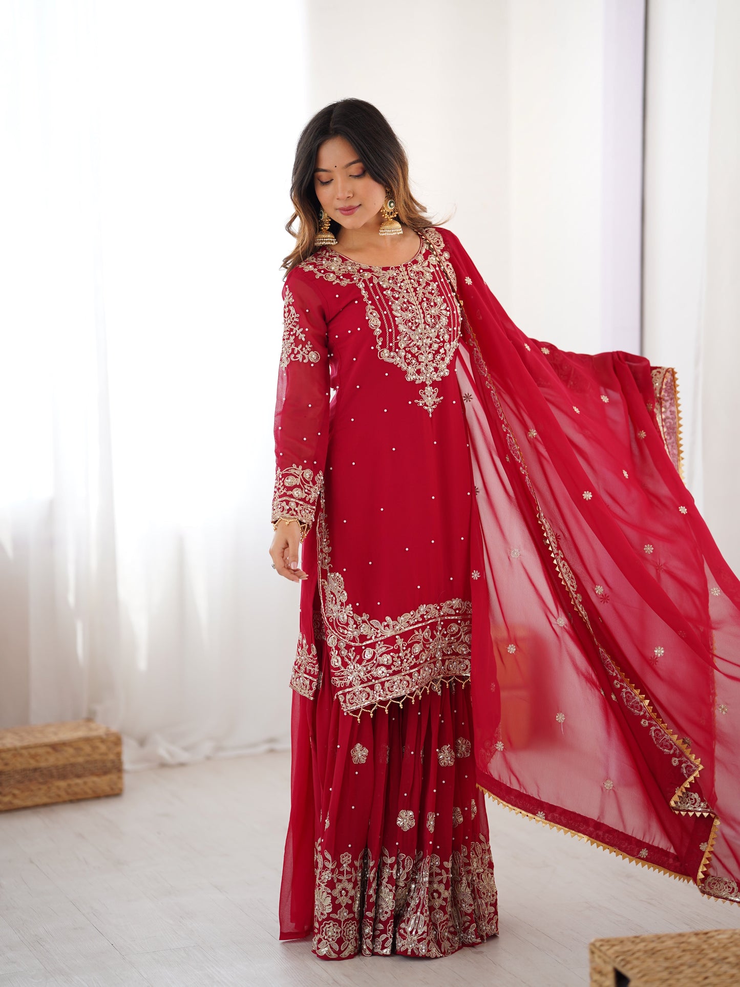 Designer Heavy Embroidered Kurta Sharara Suit Set with Dupatta | 10 Color Options