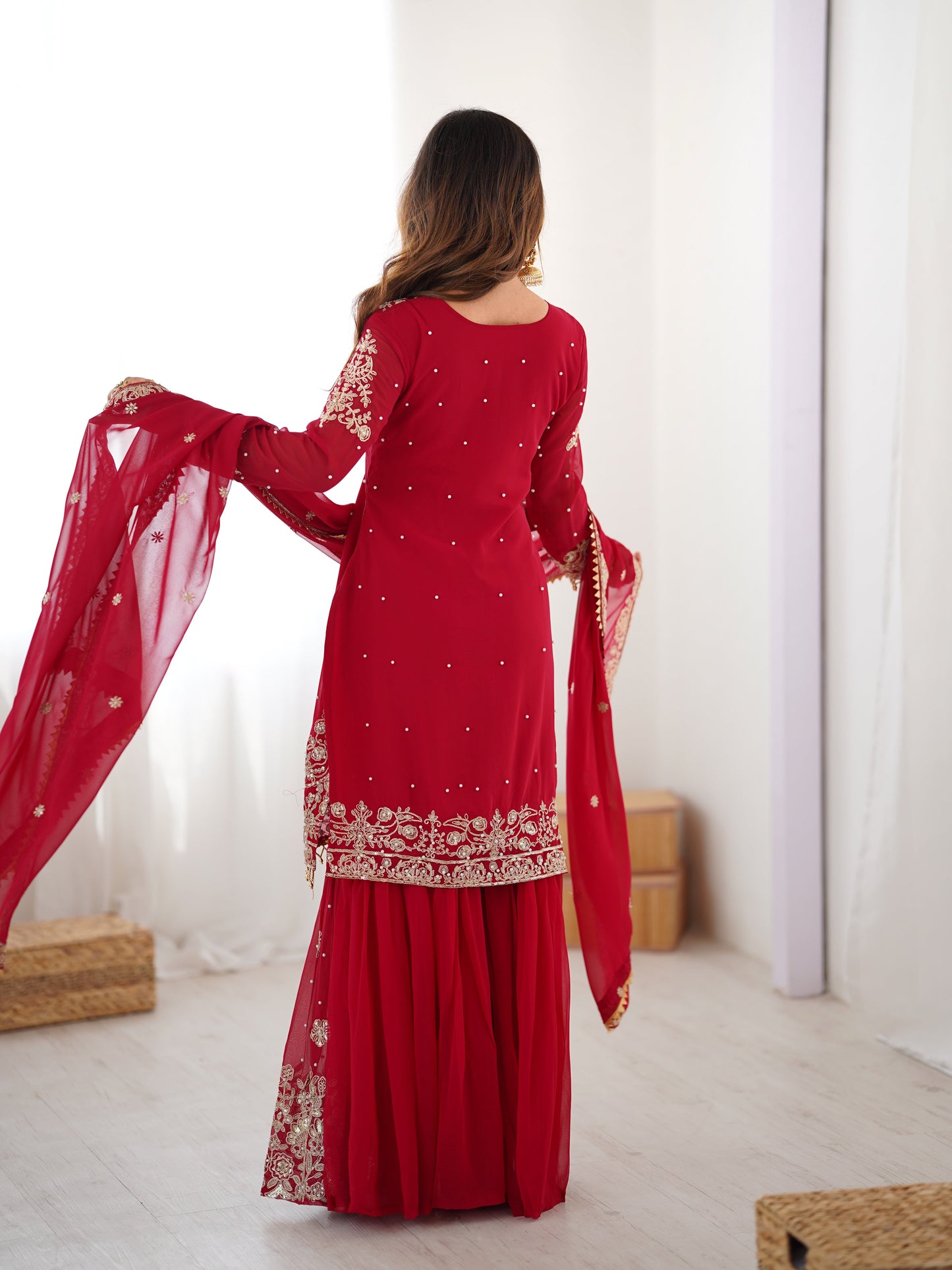 Designer Heavy Embroidered Kurta Sharara Suit Set with Dupatta | 10 Color Options