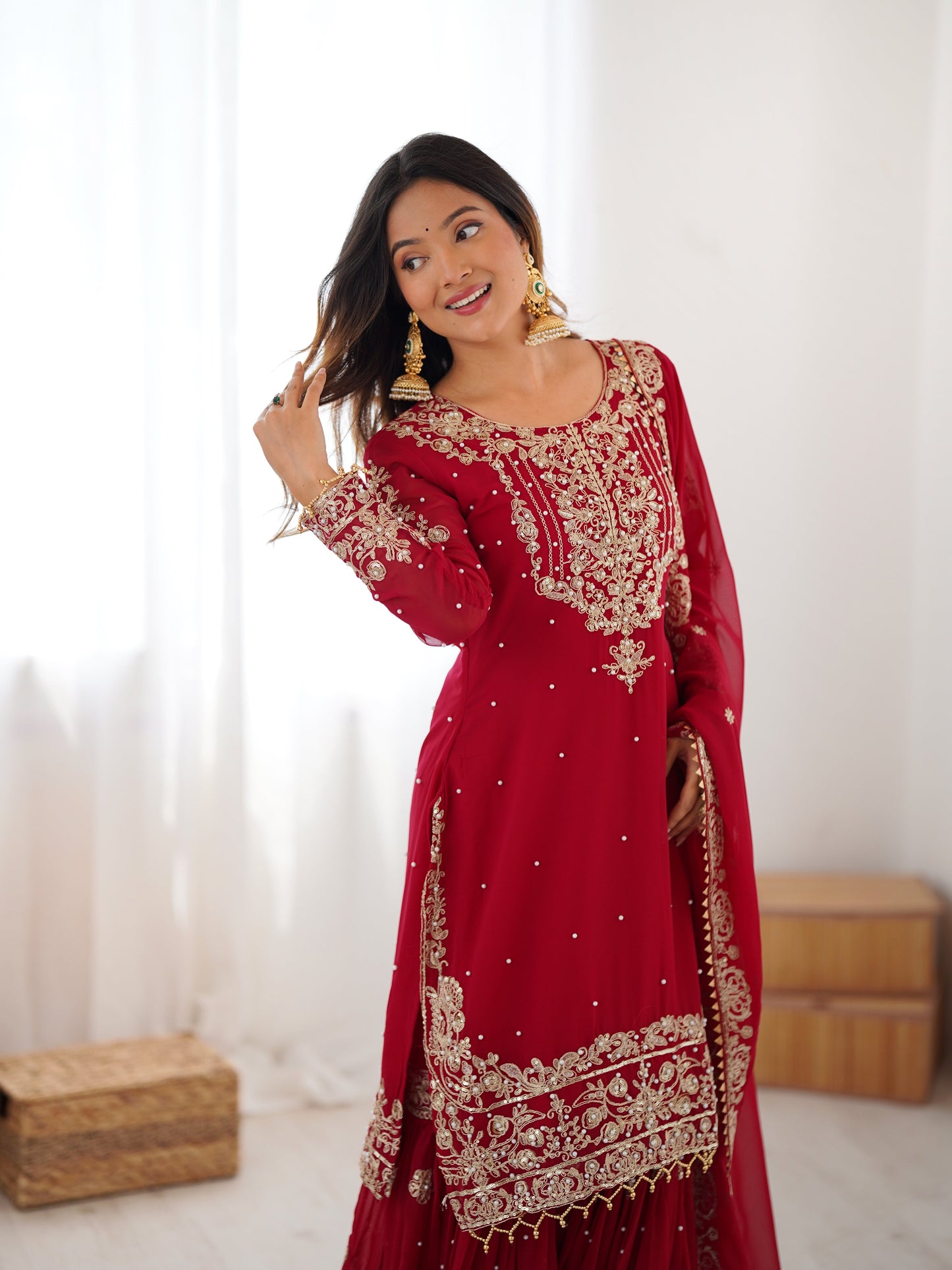 Designer Heavy Embroidered Kurta Sharara Suit Set with Dupatta | 10 Color Options