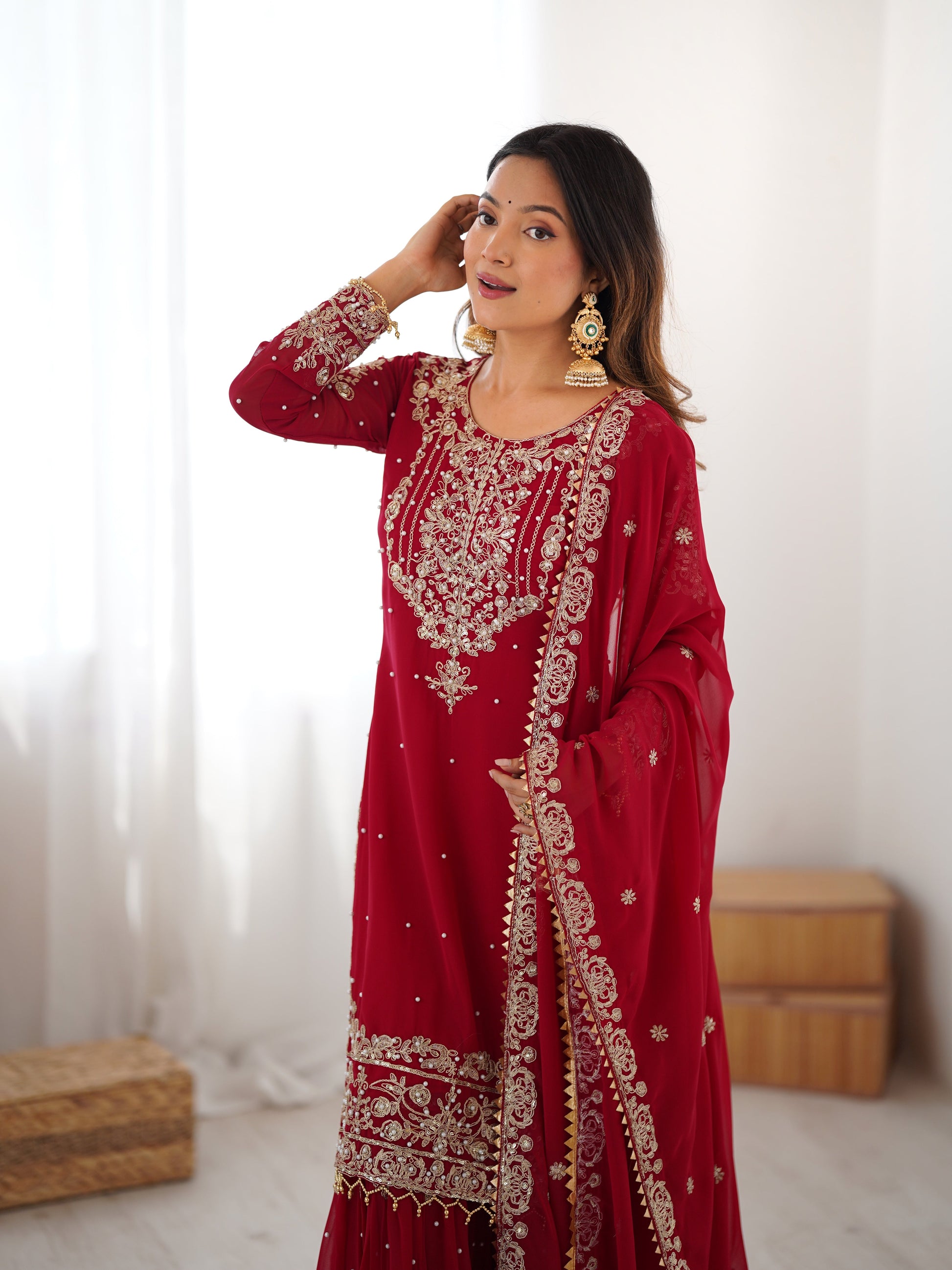 Designer Heavy Embroidered Kurta Sharara Suit Set with Dupatta | 10 Color Options