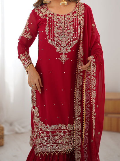 Designer Heavy Embroidered Kurta Sharara Suit Set with Dupatta | 10 Color Options