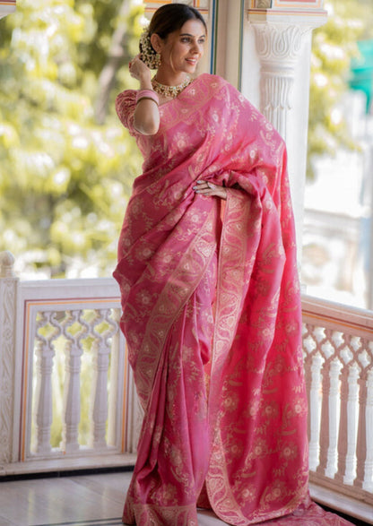 Effervescent Pink Soft Silk Saree With Assemblage Blouse Piece