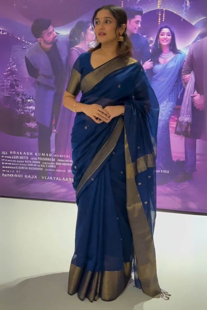 Demure Navy Blue Cotton Silk Saree With Glamorous Blouse Piece