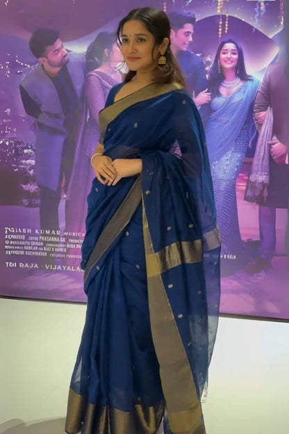 Demure Navy Blue Cotton Silk Saree With Glamorous Blouse Piece