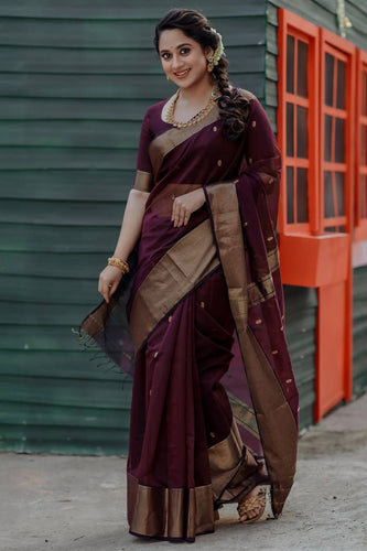 Gleaming Wine Cotton Silk Saree With Serendipity Blouse Piece