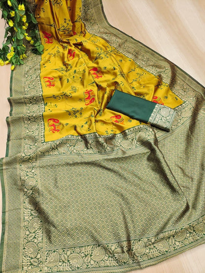 Flamboyant Yellow Soft Silk Saree With Twirling Blouse Piece