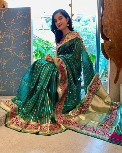 Attractive Rama Soft Silk Saree With Classy Blouse Piece