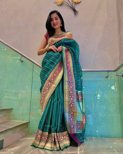 Attractive Rama Soft Silk Saree With Classy Blouse Piece