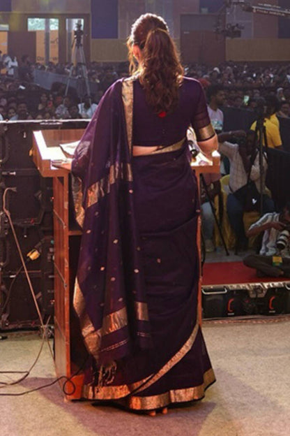 Bollywood Style Purple Cotton Silk Saree With Majestic Blouse Piece