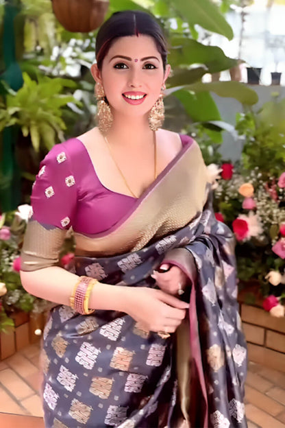 Wonderful Grey Soft Silk Saree With Attractive Blouse Piece