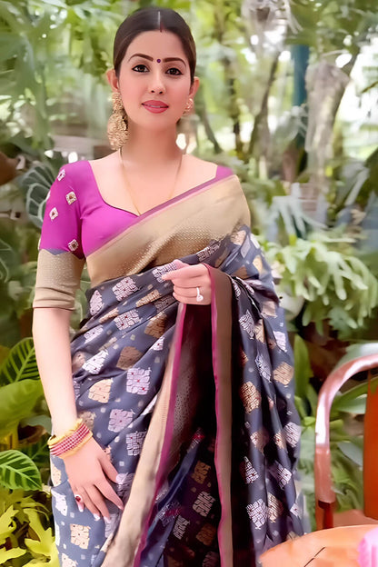 Wonderful Grey Soft Silk Saree With Attractive Blouse Piece