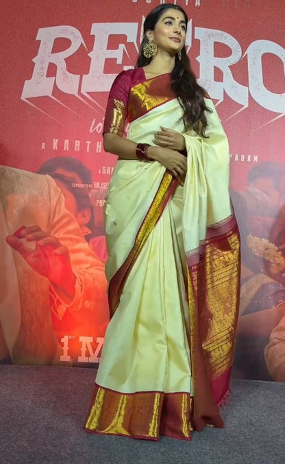 Flameboyant Beige Soft Banarasi Silk Saree With Classy Blouse Piece