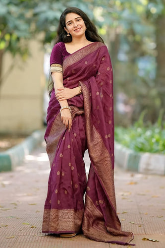 Regal Wine-Purple Handloom Chanderi Saree with Gold Zari Border and Velvet Blouse Set