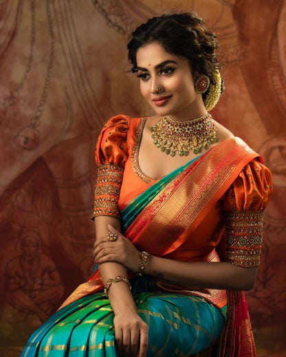 Staggering Rama Soft Silk Saree With Incomparable Blouse Piece