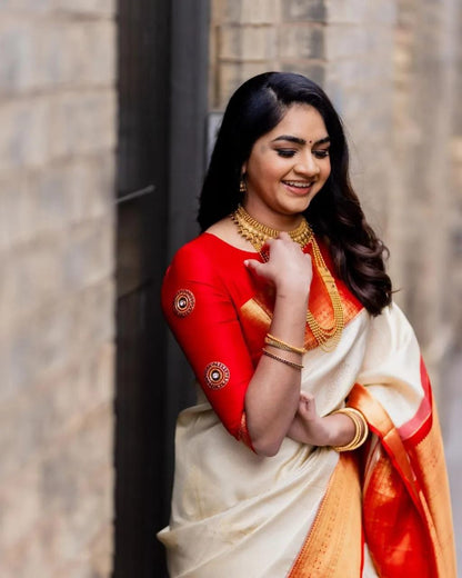 Scintilla Beige Soft Silk Saree With Exuberant Blouse Piece