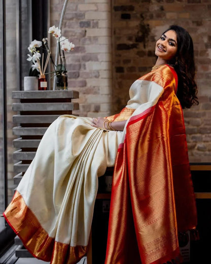 Scintilla Beige Soft Silk Saree With Exuberant Blouse Piece