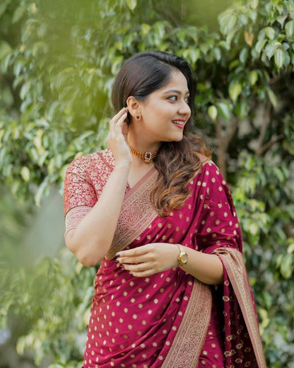 Gossamer Maroon Soft Silk Saree With Mellifluous Blouse Piece
